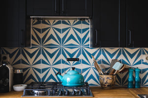 blue-white cement tile-kitchen backsplash