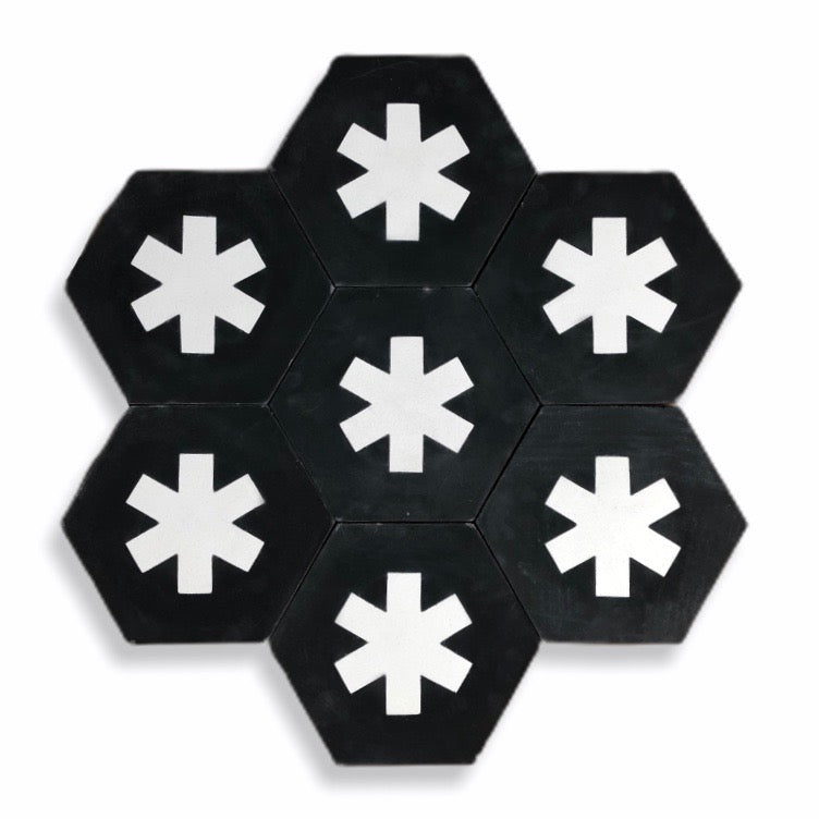 Cruz hex tile black (cement tile) - bathroom floor tile-moroccan floor tiles- black  and white tiles-