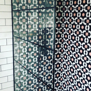 shower tiles, black tiles, pink tiles, bathroom tiles